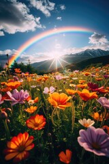 Landscape of a field of flowers with a rainbow