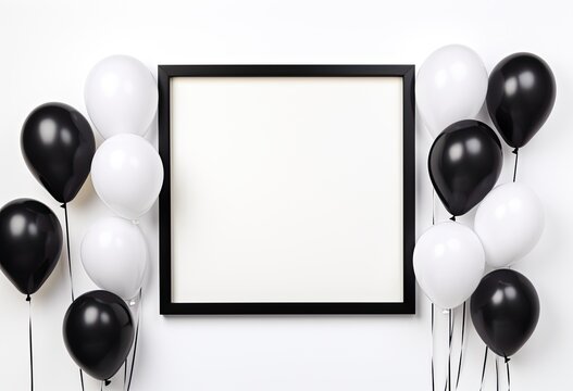 White balloons around a black frame on a white background.