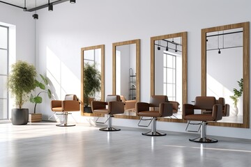 Modern and stylish hair salon with luxurious decor, comfortable chairs and professional equipment for beauty and relaxation.