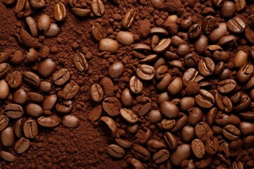 Roasted coffee beans different sort ground and whole. Texture and background, top view