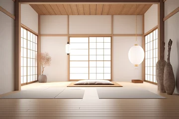 Fotobehang A minimalist Japanese-style interior with tatami mats, wooden elements and a calm atmosphere that combines traditional and modern design. © Iryna