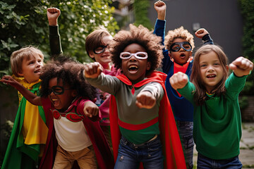 A group of cheerful multiracial superhero kids enjoy a carefree summer day in the park together,...