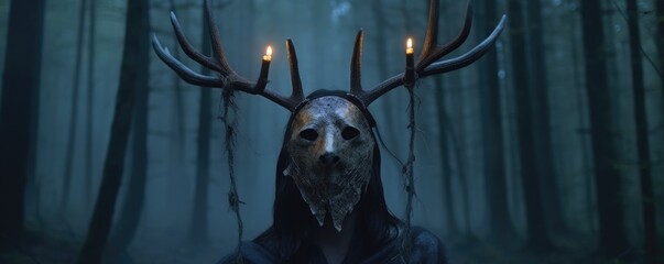 Masked Enigma: Cult Members in the Woods - Halloween, Masks, Creepy, Scary, Stag, Horse, Animal, Ritualistic, Candles, Horns, Bull, Dark, Night, Pegan, Unsettling, Horror, Thriller, Costume, Magic