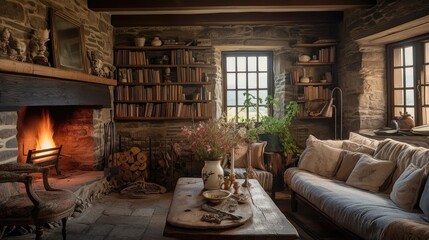 Fototapeta na wymiar Cozy Nostalgia: A Rustic Living Room in a Charming Countryside Cottage. Generative AI 1