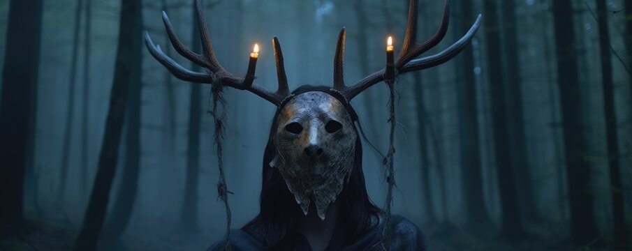 Masked Enigma: Cult Members in the Woods - Halloween, Masks, Creepy, Scary, Stag, Horse, Animal, Ritualistic, Candles, Horns, Bull, Dark, Night, Pegan, Unsettling, Horror, Thriller, Costume, Magic