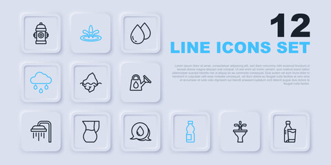 Set line Fountain, Bottle of water with glass, Iceberg, Cloud rain, Jug, Water drop and speech bubbles icon. Vector