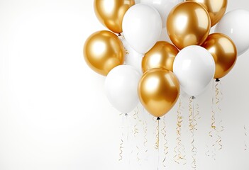 gold and white balloons around on a white background.
