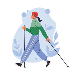 Young woman making nordic walking training, outdoor sport activity, healthy lifestyle vector on blue floral background