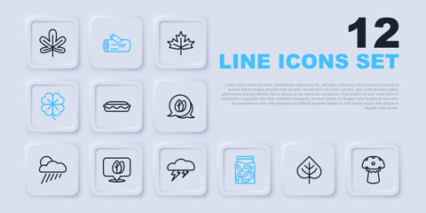 Set line Leaf, Mushroom, Homemade pie, Pickled cucumbers in jar, Four leaf clover, Location with, Wooden log and Cloud and lightning icon. Vector
