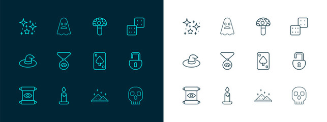 Set line Game dice, Burning candle, Playing cards, Magic powder, Medallion on chain with eye, Psilocybin mushroom, Magical glitter particles and Ghost icon. Vector