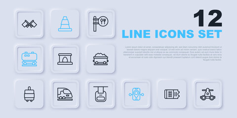 Set line Train ticket, Handcar transportation, Railway tunnel, Route location, Oil railway cistern, High-speed train, Traffic cone and Cable icon. Vector