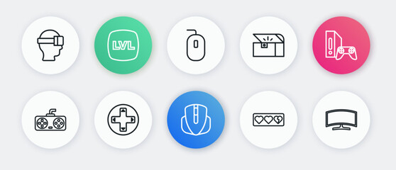 Set line Computer mouse, Game console with joystick, controller or, life bar, Chest for game, monitor and icon. Vector © Iryna
