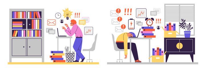 Productive and tired employee comparison, flat vector illustration isolated on white background.