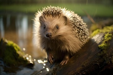 Fototapeta premium Cute adult hedgehog in summer or autumn forest. Young beautiful hedgehog in natural habitat, outdoors in nature.