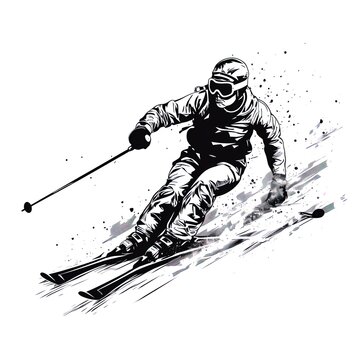 black and white skier carving down slope clip art preview