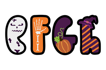 Halloween English alphabet. EFGH letters in flat cartoon style. Abc with Ghost, pumpkin, witch hat, hand