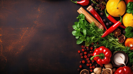 Food background. Italian cuisine. Ingredients on dark brown background. Cooking concept. Cooking background. Banner