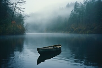 serene lake shrouded in soft dreamy fog with a lone boat