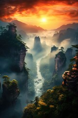 Landscape serene sunrise over vast mountains