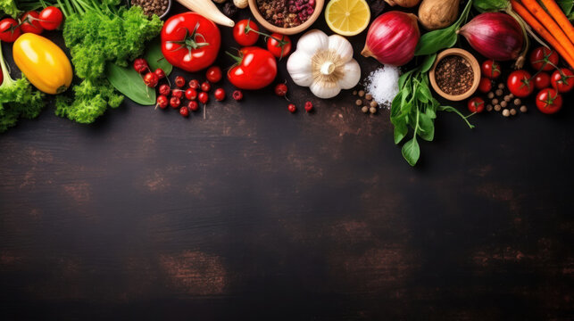 Food background. Italian cuisine. Ingredients on dark brown background. Cooking concept. Cooking background. Banner