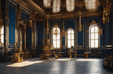 Fototapeta na wymiar A realistic fantasy gold-black interior of the royal palace golden blue palace. castle interior