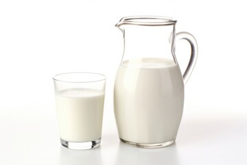 Glass jug of milk and glass of milk isolated on white background