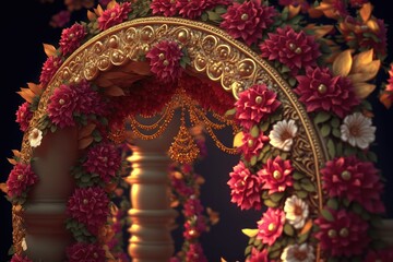 Fototapeta na wymiar Ceremonial wedding indian altar decorated pink flowers. Golden arch.