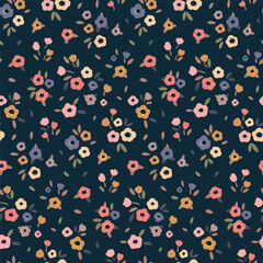 Seamless floral pattern, liberty ditsy print from mini pretty flowers bud. Cute botanical design with a simple hand drawn meadow: small flowers, tiny leaves scattered on a dark background. Vector.
