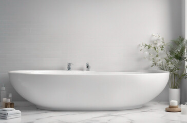Fototapeta na wymiar Empty white marble table top on white blurry bathroom interior