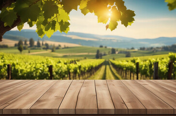 Empty wood table top with a blurred vineyard landscape background