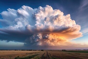 Rural landscape with thunderstorm cumulonimbus cloud in sky at sunset.