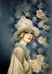 Vintage portrait of beautiful woman in white hat.