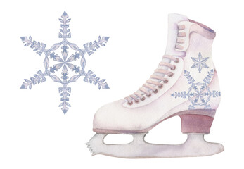 Hand drawn watercolor figure skating boots, sports gear, footwear with snowflakes and crystal. Illustration isolated composition, white background. Design for poster, print, website, card, invitation