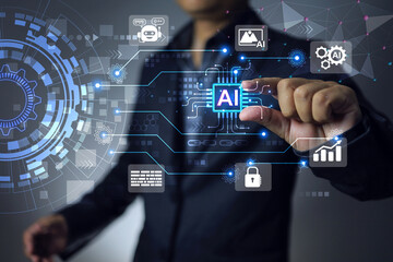 Man holding AI micro chip to applied automation in  business process, create photos, work in...