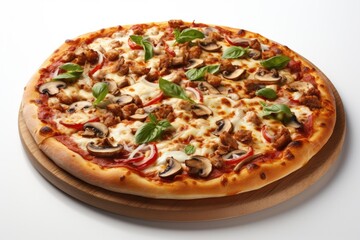 Delicious fresh pizza on wooden pizza board isolated on white background