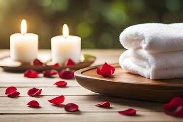 White towels folded on a table with red rose petals around it. Created with generative Ai technology.