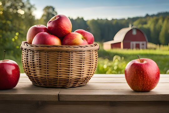 Jute basket with red apples on a table and a view of the farm in the background. Created with generative Ai technology.