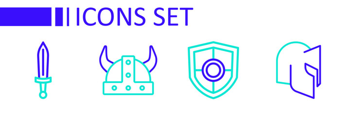 Set line Medieval helmet, Shield, Viking in horned and sword icon. Vector