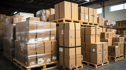 Pallets with cardboard boxes packed in a large warehouse