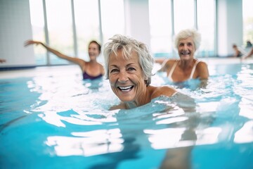 Seniors find joy and health in indoor hydrotherapy, an aquatic fitness class promoting wellness and rehabilitation. - obrazy, fototapety, plakaty