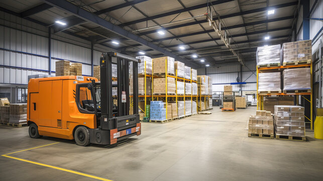 Forklift in warehouse. Warehouse or storage and shelves with cardboard boxes. Industrial background.