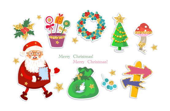 Set of Christmas vector icons with golden elements. Christmas tree, wreath, toy, star, Santa Claus, bag, arrows for design cards, posters. Cartoon colour isolated illustrations, stickers. 