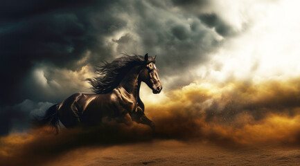 Obraz na płótnie Canvas Wild Horse running in the desert with stormy sky
