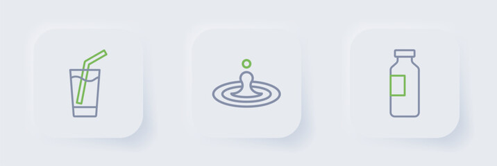 Set line Bottle of water, Water drop and Glass with icon. Vector
