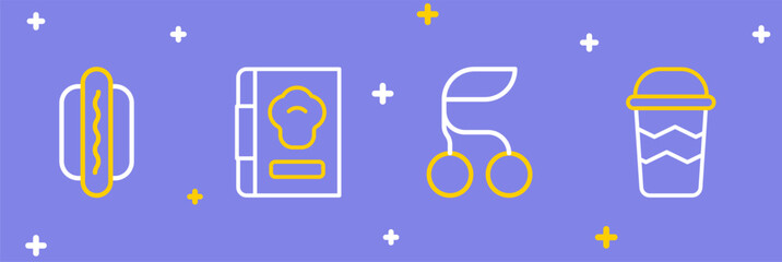 Set line Coffee cup to go, Fresh berries, Cookbook and Hotdog icon. Vector