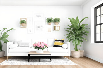 Frame mockup in bright living room design, plants on wall, white sofa in farmhouse boho interior style
