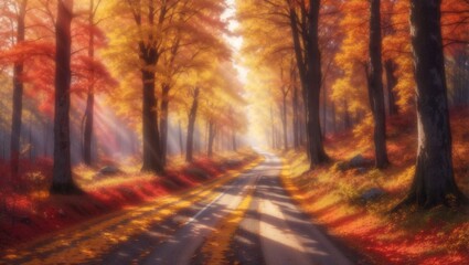 Morning in the autumn forest with highway