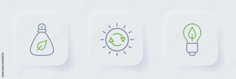 Poster Set line Light bulb with leaf, Solar energy panel and Garbage bag icon. Vector