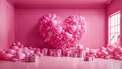 A pink heart shaped ballon with gifts in the room