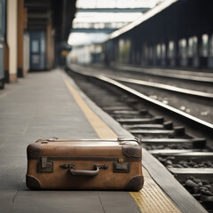 Nostalgic photo of an old railway station with a suitcase left behind at the railway stop.
